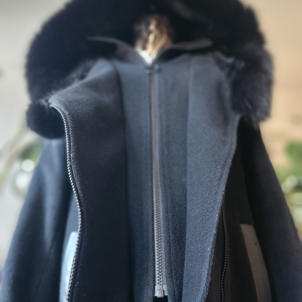 SAGA 80s 90s VINTAGE Elegant Black Fox Fur-Trimmed Women's Coat Cashmere WOOL Lg - Picture 4 of 16